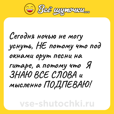 Шутка: Сегодня ночью не могу уснуть, НЕ потому что под окнами орут песни на гитаре, а потому что  Я ЗНАЮ ВСЕ СЛОВА и мысленно ПОДПЕВАЮ!