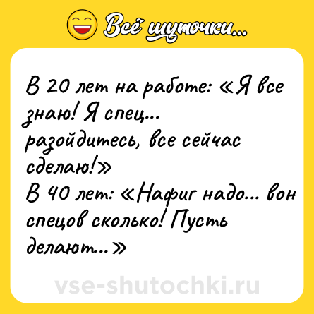 Шутка: В 20 лет на работе: «Я все знаю! Я спец... разойдитесь, все сейчас сделаю!»<br>В 40 лет: «Нафиг надо... вон спецов сколько! Пусть делают...»