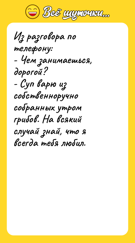 Из разговора по телефону: - Чем занимаешься, дорогой? - Суп