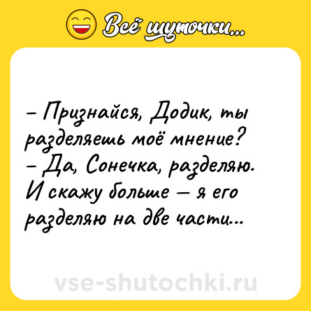 Шутка: – Признайся, Додик, ты разделяешь моё мнение? <br>– Да, Сонечка, разделяю. И скажу больше — я его разделяю на две части...