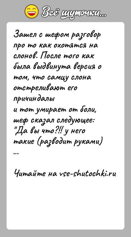 История: Зашел с шефом разговор про то как охотятся на слонов. После того какбыла выдвинута версия о том, что самцу слона