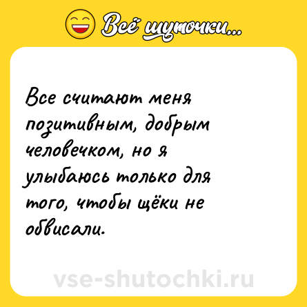 Шутка: Все считают меня позитивным, добрым человечком, но я улыбаюсь только для того, чтобы щёки не обвисали.