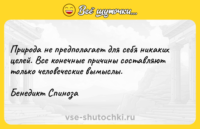 Цитата: Природа не предполагает для себя никаких целей. Все конечные причины составляют только человеческие вымыслы.Бенедикт Спиноза