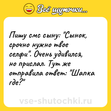Шутка: Пишу смс сыну: "Сынок, срочно нужно твое селфи". Очень удивился, но прислал. Тут же отправила ответ: "Шапка где?"