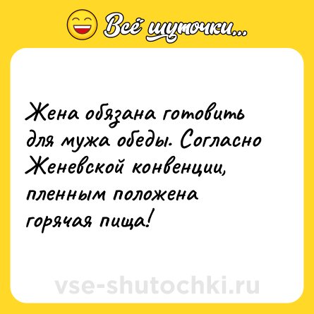 Шутка: Жена обязана готовить для мужа обеды. Согласно Женевской конвенции, пленным положена горячая пища!