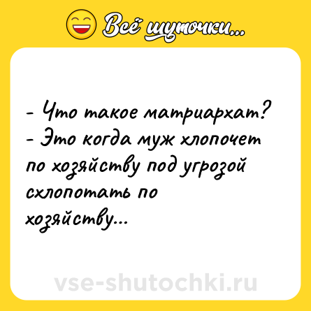 Шутка: - Что такое матриархат?<br>- Это когда муж хлопочет по хозяйству под угрозой схлопотать по хозяйству…