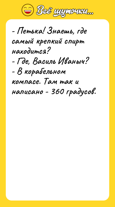- Петька! Знаешь, где самый крепкий спирт находится? - Где,