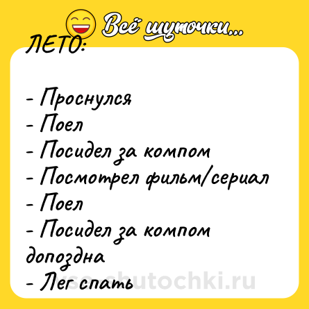 Шутка: ЛЕТО: <br><br>- Проснулся <br>- Поел <br>- Посидел за компом <br>- Посмотрел фильм/сериал <br>- Поел <br>- Посидел за компом допоздна<br>- Лег спать