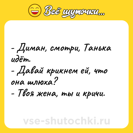 Шутка: - Диман, смотри, Танька идёт.<br>- Давай крикнем ей, что она шлюха?<br>- Твоя жена, ты и кричи.