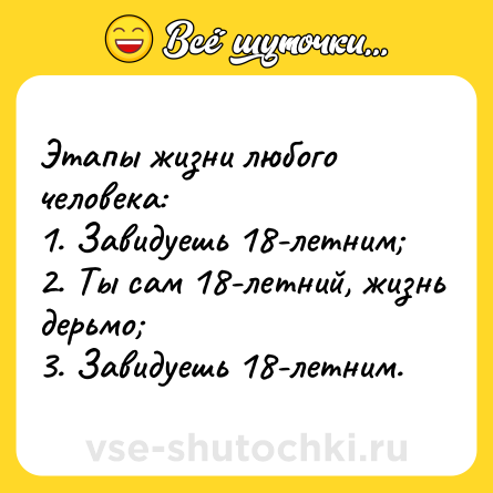 Шутка: Этапы жизни любого человека:<br>1. Завидуешь 18-летним;<br>2. Ты сам 18-летний, жизнь дерьмо;<br>3. Завидуешь 18-летним.