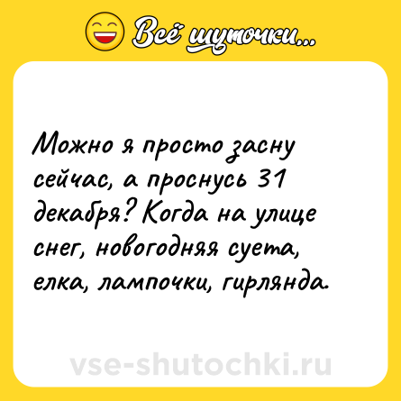Шутка: Можно я просто засну сейчас, а проснусь 31 декабря? Когда на улице снег, новогодняя суета, елка, лампочки, гирлянда.