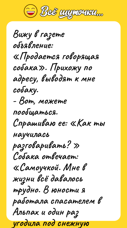 Вижу в газете объявление: Продается говорящая собака . Прихожу по адресу,