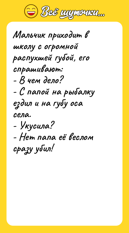 Мальчик приходит в школу с огромной распухшей губой, его спрашивают: