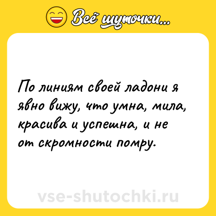 Шутка: По линиям своей ладони я явно вижу, что умна, мила, красива и успешна, и не от скромности помру.