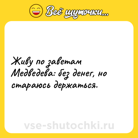 Шутка: Живу по заветам Медведева: без денег, но стараюсь держаться.