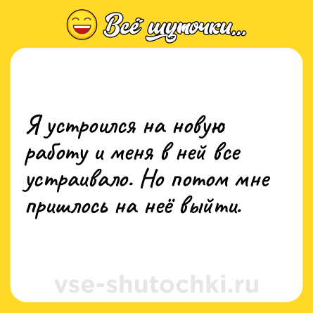 Шутка: Я устроился на новую работу и меня в ней все устраивало. Но потом мне пришлось на неё выйти.