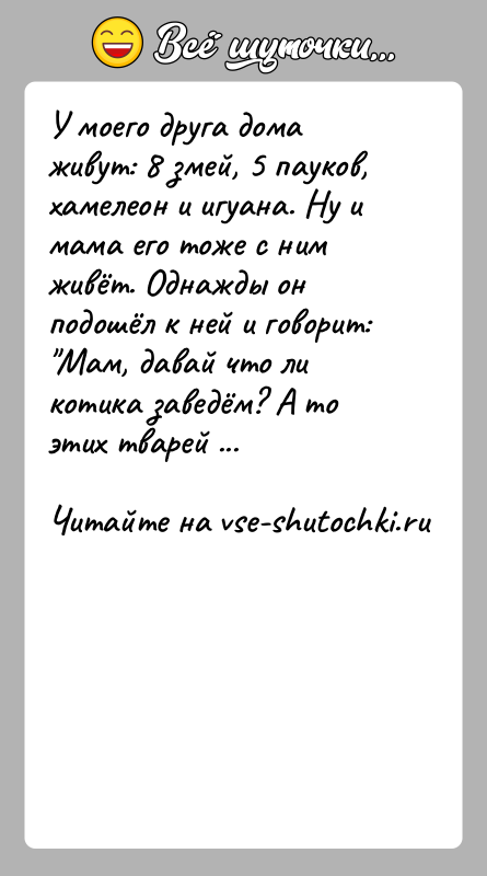 История: У моего друга дома живут: 8 змей, 5 пауков, хамелеон и игуана. Ну и мама его тоже с ним живёт.