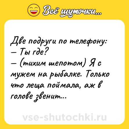 Шутка: Две подруги по телефону:<br>— Ты где?<br>— (тихим шепотом) Я с мужем на рыбалке. Только что леща поймала, аж в голове звенит...
