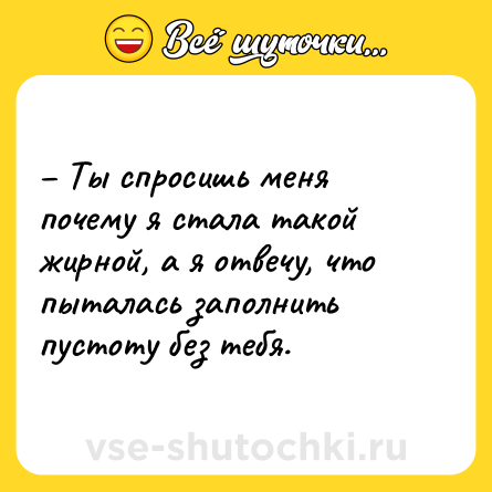 Шутка: – Ты спросишь меня почему я стала такой жирной, а я отвечу, что пыталась заполнить пустоту без тебя.