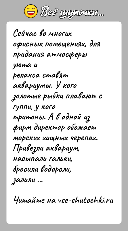 История: Сейчас во многих офисных помещениях, для придания атмосферы уюта ирелакса ставят аквариумы. У кого золотые рыбки плавают с гуппи, у