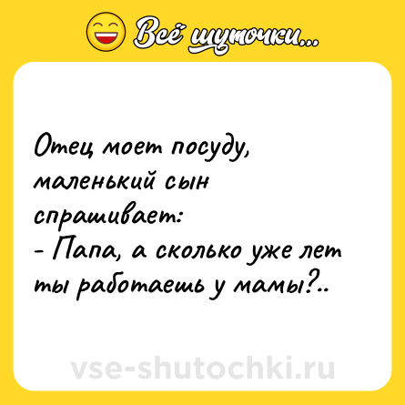 Шутка: Отец моет посуду, маленький сын спрашивает:<br>- Папа, а сколько уже лет ты работаешь у мамы?..