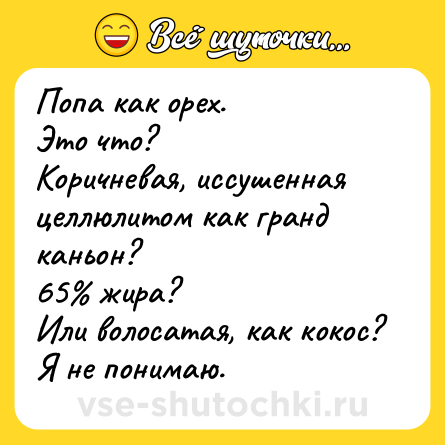 Шутка: Попа как орех.<br>Это что?<br>Коричневая, иссушенная целлюлитом как гранд каньон?<br>65% жира?<br>Или волосатая, как кокос?<br>Я не понимаю.