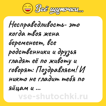 Шутка: Несправедливость- это когда твоя жена беременеет, все родственники и друзья гладят её по животу и говорят: Поздравляем! И никто не гладит тебя по яйцам и не говорит: Молодец.