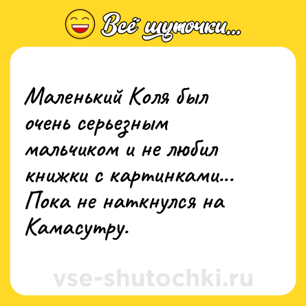 Шутка: Маленький Коля был очень серьезным мальчиком и не любил книжки с картинками... Пока не наткнулся на Камасутру.