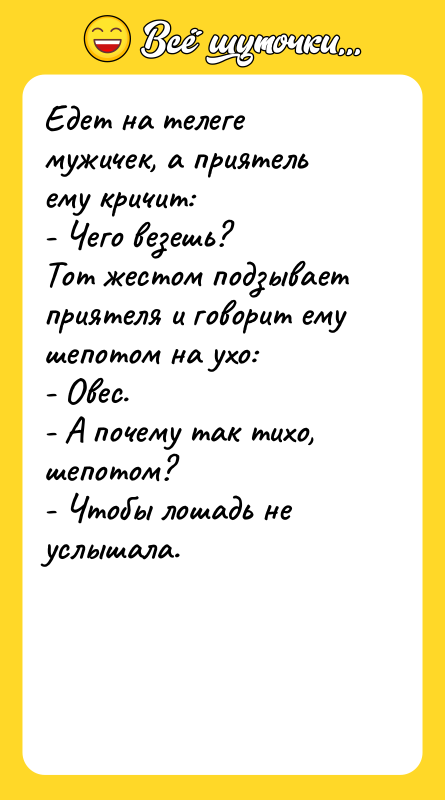 Едет на телеге мужичек, а приятель ему кричит: - Чего
