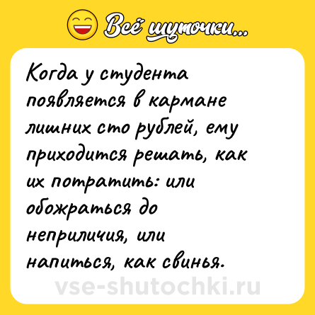 Шутка: Когда у студента появляется в кармане лишних сто рублей, ему приходится решать, как их потратить: или обожраться до неприличия, или напиться, как свинья.