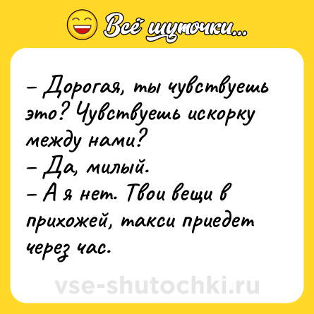 Шутка: – Дорогая, ты чувствуешь это? Чувствуешь искорку между нами?<br>– Да, милый.<br>– А я нет. Твои вещи в прихожей, такси приедет через час.