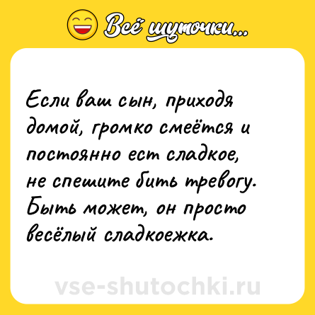 Шутка: Если ваш сын, приходя домой, громко смеётся и постоянно ест сладкое, не спешите бить тревогу. Быть может, он просто весёлый сладкоежка.