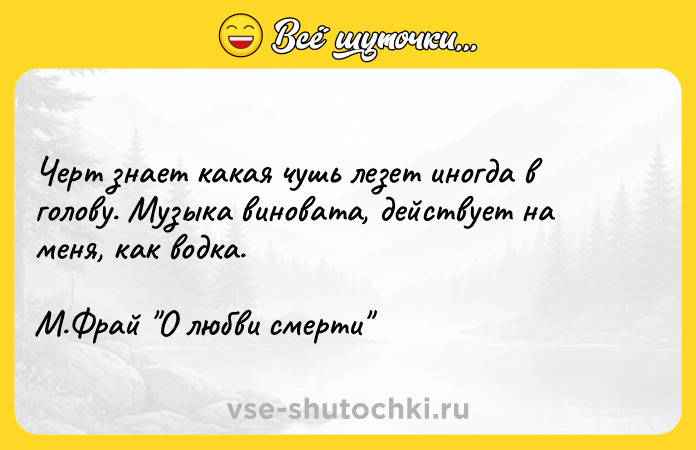 Цитата: Черт знает какая чушь лезет иногда в голову. Музыка виновата, действует на меня, как водка.М.Фрай О любви смерти
