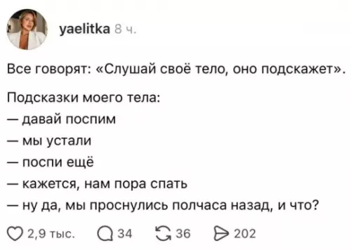 Когда тело решило, что сон важнее всего 😴 - Все говорят: Слушай своё тело, оно подскажет. Подсказки моего тела: