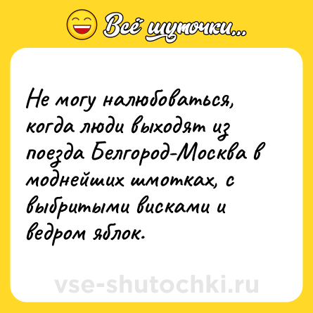 Шутка: Не могу налюбоваться, когда люди выходят из поезда Белгород-Москва в моднейших шмотках, с выбритыми висками и ведром яблок.