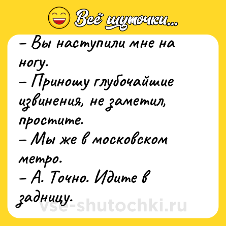 Шутка: – Вы наступили мне на ногу.<br>– Приношу глубочайшие извинения, не заметил, простите.<br>– Мы же в московском метро.<br>– А. Точно. Идите в задницу.