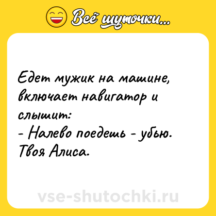 Шутка: Едет мужик на машине, включает навигатор и слышит:<br>- Налево поедешь - убью. Твоя Алиса.