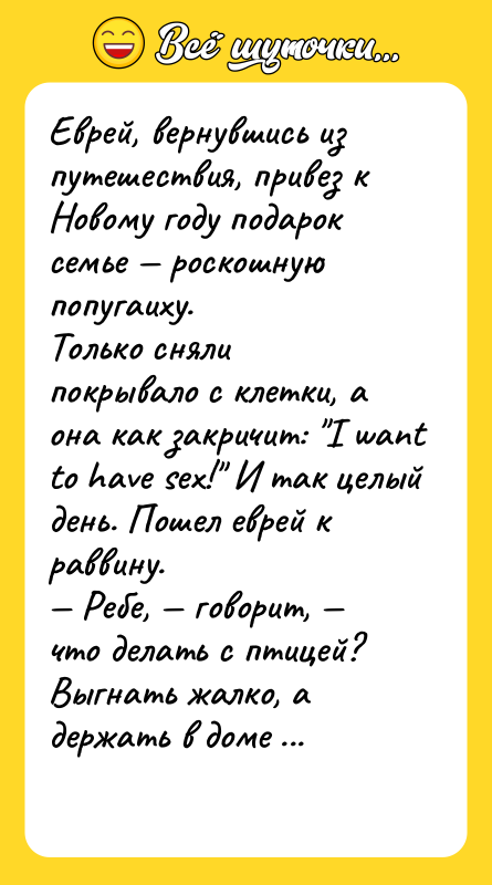 Еврей, вернувшись из путешествия, привез к Новому году подарок семье
