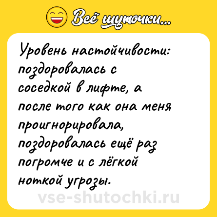 Шутка: Уровень настойчивости: поздоровалась с соседкой в лифте, а после того как она меня проигнорировала, поздоровалась ещё раз погромче и с лёгкой ноткой угрозы.