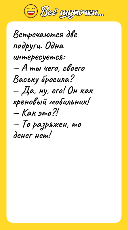 Встречаются две подруги. Одна интересуется:<br/>— А ты чего, своего Ваську