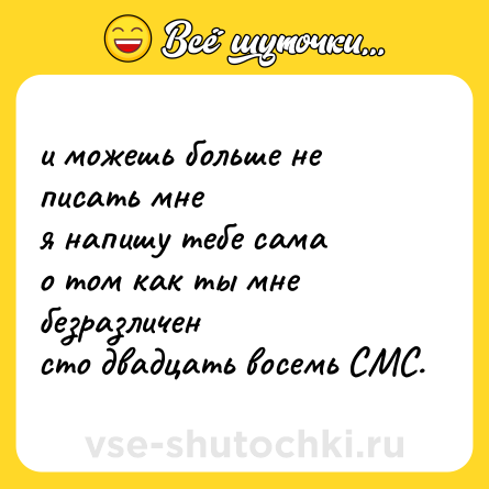 Шутка: и можешь больше не писать мне<br>я напишу тебе сама<br>о том как ты мне безразличен<br>сто двадцать восемь СМС.
