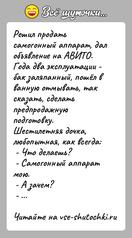 История: Решил продать самогонный аппарат, дал объявление на АВИТО.Года два эксплуатации - бак заляпанный, пошёл в ванную отмывать, так сказать, сделать