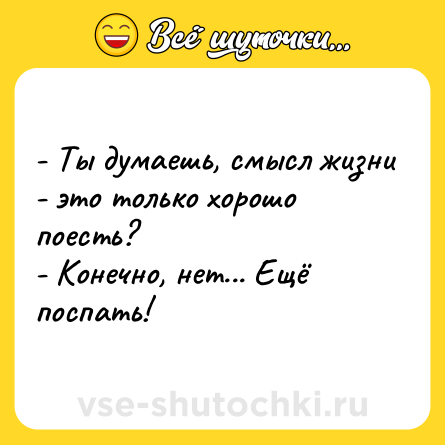Шутка: - Ты думаешь, смысл жизни - это только хорошо поесть?<br>- Конечно, нет... Ещё поспать!