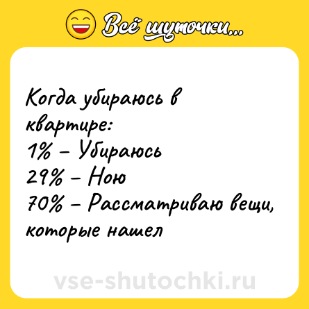 Шутка: Когда убираюсь в квартире: 1 Убираюсь 29 Ною 70 Рассматриваю вещи, которые нашел