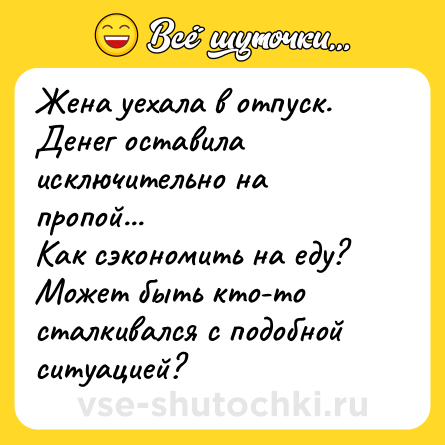 Шутка: Жена уехала в отпуск.<br>Денег оставила исключительно на пропой...<br>Как сэкономить на еду?<br>Может быть кто-то сталкивался с подобной ситуацией?