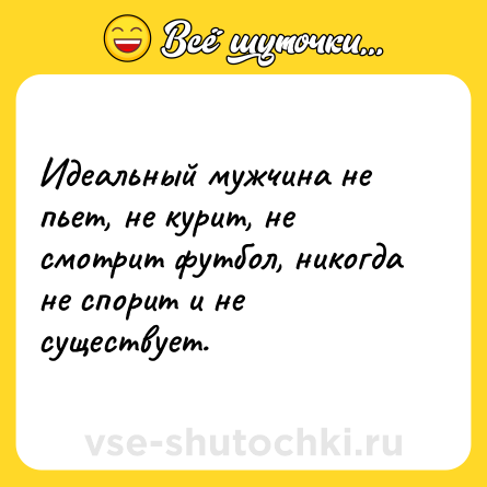 Шутка: Идеальный мужчина не пьет, не курит, не смотрит футбол, никогда не спорит и не существует.