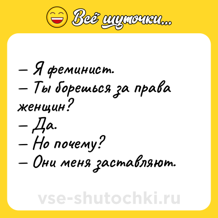 Шутка: — Я феминист. <br>— Ты борешься за права женщин? <br>— Да. <br>— Но почему? <br>— Они меня заставляют.