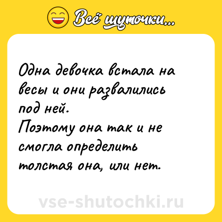 Шутка: Одна девочка встала на весы и они развалились под ней.<br>Поэтому она так и не смогла определить толстая она, или нет.
