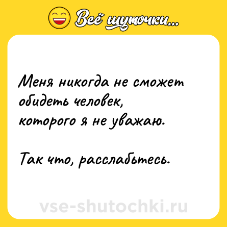 Шутка: Меня никогда не сможет обидеть человек, которого я не уважаю.<br><br>Так что, расслабьтесь.