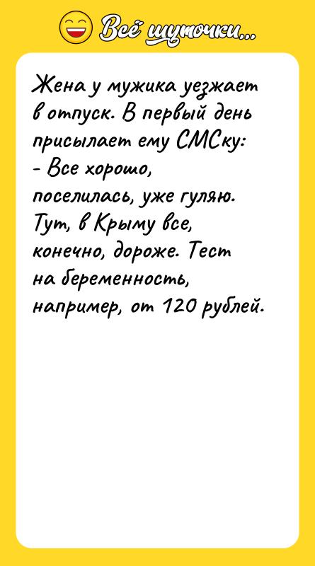 Жена у мужика уезжает в отпуск. В первый день присылает
